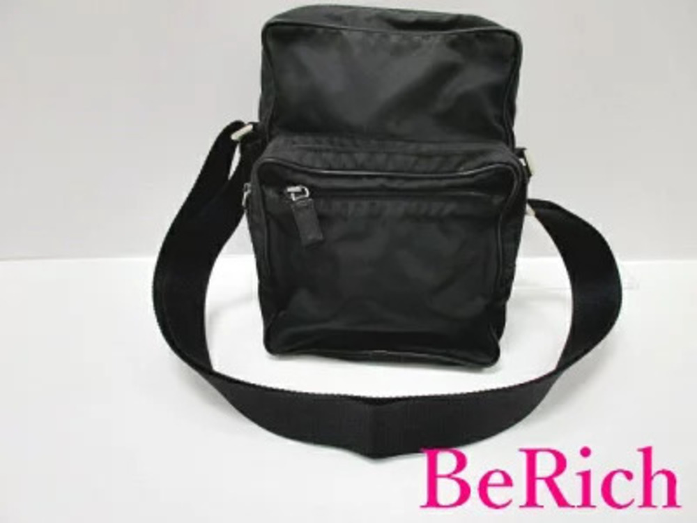 Prada Shoulder Bag Black Triangle Plate Pocono Leather Crossbody
